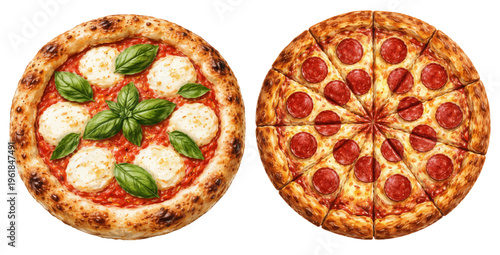 Watercolor pizza collection illustration with margherita and pepperoni pizzas isolated on white background.