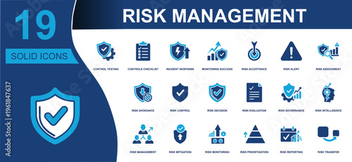 Risk management icon set. Containing operational risk, alert, assessment, audit, checklist, compliance, control, mitigation, planning, tracking, warning and more. Solid fill vector icons