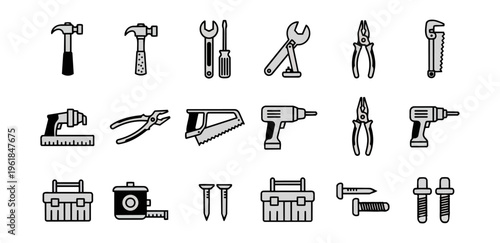 Assorted tools silhouettes on black background for construction and repair