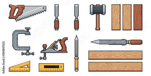 Carpentry tools set isolated on black background for design