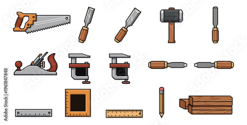 Collection of hand tools on black background for woodworking and carpentry