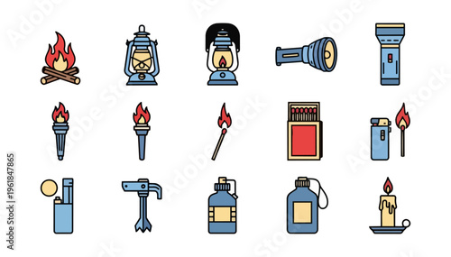 Collection of lanterns torches and lighting equipment icons on black background