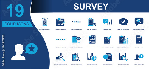 Survey icon set. Containing customer survey, feedback form, online survey, opinion poll, results, review, summary, planning and more. Solid vector icons collection for business design.