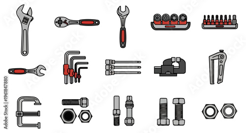 Collection of hand tools on black background