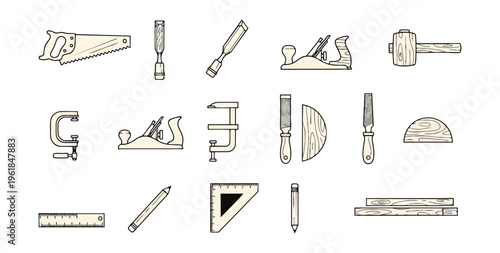Collection of hand tools silhouettes on black background