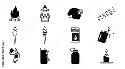 Lighting equipment icons flashlight torch lamp symbols on dark background