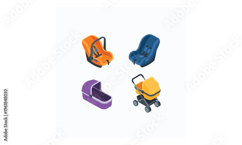 Isometric baby car seat stroller and bassinet icons