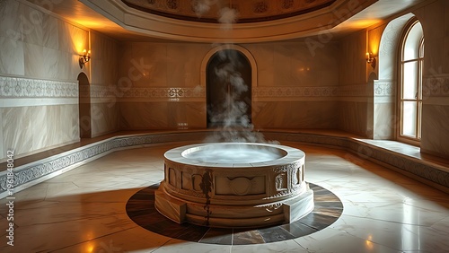 yanking. Traditional Turkish bath interior with marble floor and central heated stone emitting steam. real-estate listings.
