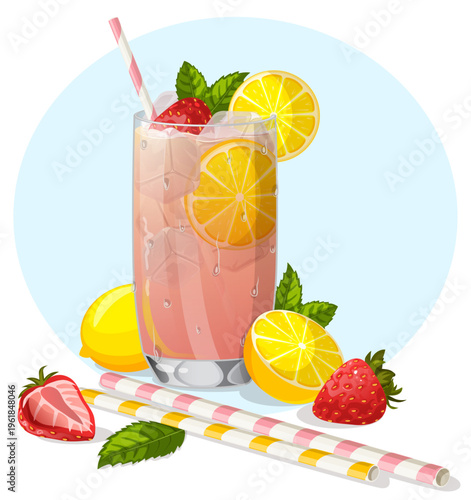 Fresh Pink Strawberry Lemonade Glass with Striped Straws Mint Leaves Ice Cubes and Sliced Lemon Garnish Isolated Vector Illustration