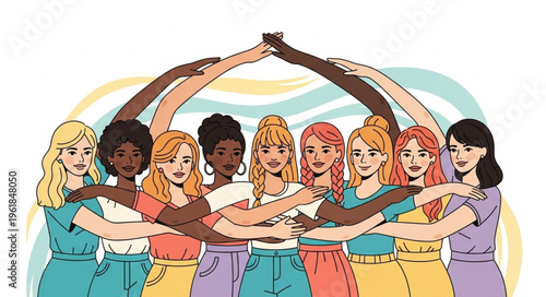 Diverse group of women forming a protective circle with arms raised.