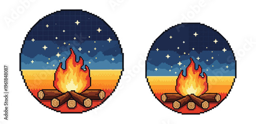 Pixel art campfire under starry night sky