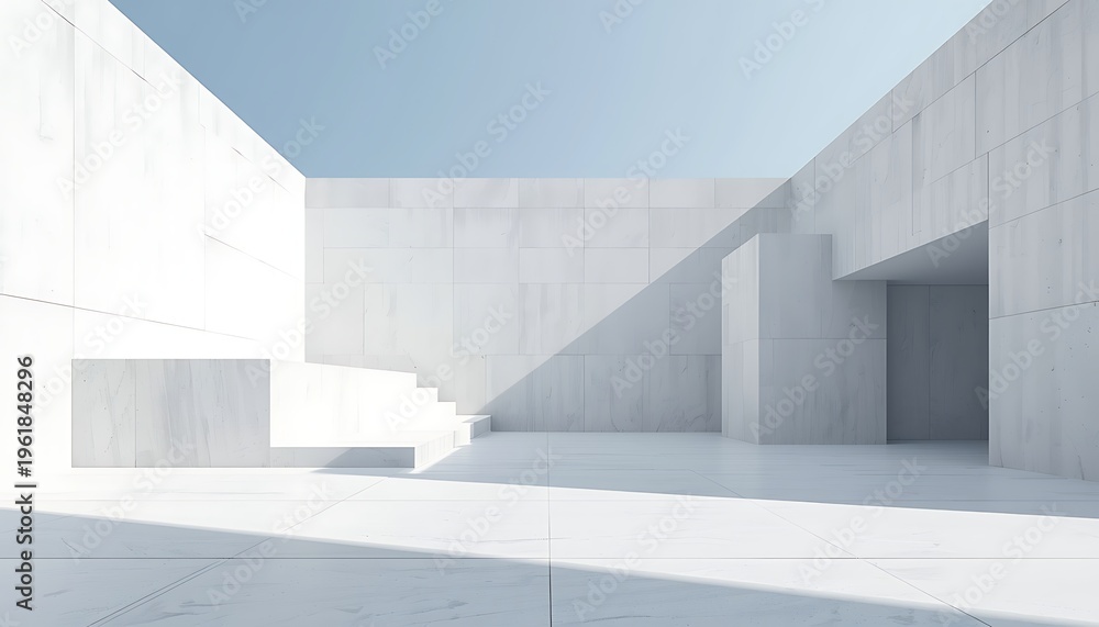 Fototapeta premium Minimalist concrete architecture with clean lines and geometric shapes under a clear blue sky