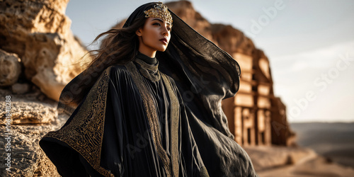 Elegant veiled Figure. Poised woman in traditional dress standing beside ancient tomb