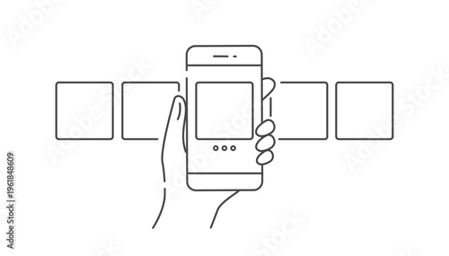 スマホのスワイプ操作でカルーセル表示を表すベクターイラスト（線画･モノクロ）Editable stroke