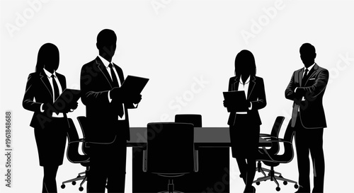 Business team silhouettes in a meeting room with office chairs and table. Professional men and women in suits holding tablets and documents. Corporate leadership and teamwork concept on white.
