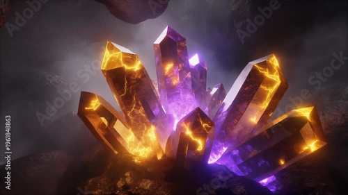 Luminous orange and purple crystals glowing in a dark cave