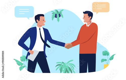 Successful businessmen shaking hands after deal, partnership agreement and professional cooperation, recruitment and hiring process in office, flat design vector illustration