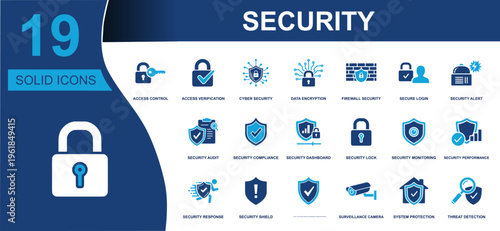 Security icon set. Containing access control, data encryption, firewall security, secure login, audit, monitoring, surveillance camera, threat detection and more. Solid fill vector icons