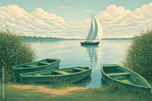Calm Lakeside with Boats and Sailing Horizon