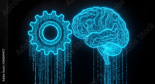 Digital Brain and Gear: A futuristic digital depiction of a human brain interlinked with a mechanical gear, showcasing the synergy between thought and technology.