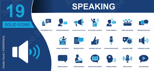 Speaking icon set. Containing interview speaking, online webinar, panel discussion, speaker notes, microphone, stage speaking, voice clarity, talk, speech and more. Solid vector icons