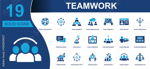 Teamwork icon set. Containing cooperation, alignment, communication, discussion, leadership, management, productivity, support, synergy, workflow, success and more. Solid fill vector icons