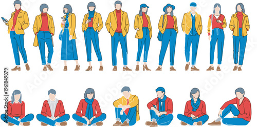 Cad drawing flat vector illustration of people in autumn outfits standing and sitting, casual fashion characters for architectural scale figures and urban lifestyle.