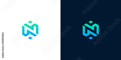 Modern abstract geometric hexagon logo design with gradient color blue and green on white and dark background