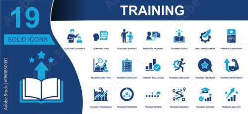 Training icon set. Containing coaching guidance, employee training, learning goals, skill improvement, checklist, evaluation, progress, roadmap, success and more. Solid vector icons