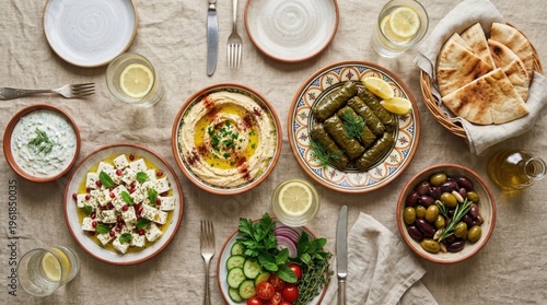 Traditional greek food spread with hummus olives and feta cheese