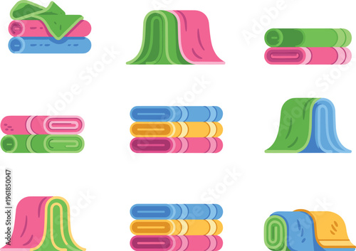 Colorful towel illustrations, folded and stacked, draped in various styles, vibrant bath linen set, home textile decor, organized bathroom essentials