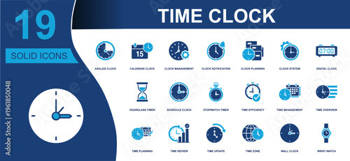Time clock icon set. Containing analog clock, calendar clock, digital clock, stopwatch timer, time management, time planning, time zone, wall clock, wrist watch and more. Solid vector icons