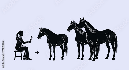 a man sitting on a stool taking a picture of two horses.