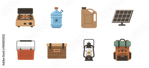 Camping and outdoors equipment icons on black background