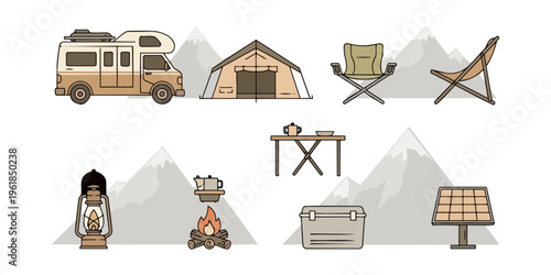 Camping equipment and scenic mountain landscape elements illustration