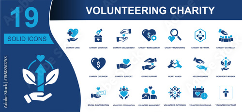 Volunteering charity icon set. Containing donation box, helping hand, heart care, nonprofit mission, outreach, support, engagement, scheduling, management and more. Solid fill vector icons