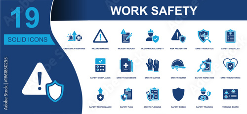 Work safety icon set. Containing hazard warning, incident report, occupational safety, safety inspection, helmet, gloves, shield, training, compliance and more. Solid vector icons