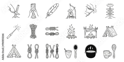 Camping and survival elements vector set