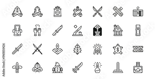 Set of various icons related to wilderness survival and camp