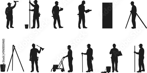 Vector illustration set featuring a black silhouette group of business people, men in suits, and dancing figures representing a diverse professional team at work