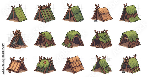 Variety of hand drawn tents for outdoor living and camping