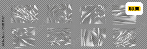 Transparent plastic film texture. Stretchable polyethylene film in A4 size. Plastic stretch cellophane effect with a crumpled and wrinkled texture.