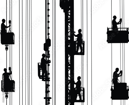 Construction workers on suspended platforms, building maintenance and window cleaning illustration, industrial safety harness vector, high-rise work silhouette for engineering design