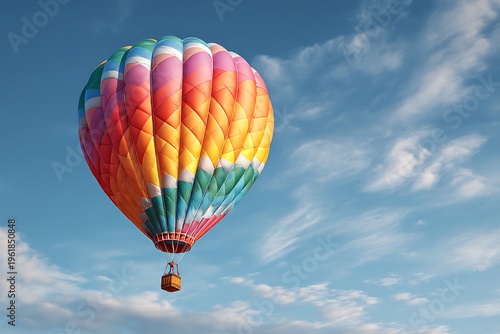 Colorful rainbow hot air balloon flying in a blue sky isolated on white background, travel clip art
