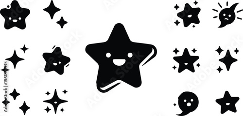 Smiling Star Character Surrounded by Various Star Icons Flat Design Vector Illustration
