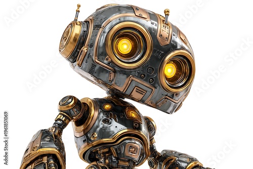Vintage steampunk style robot with glowing yellow eyes isolated on white background, 3D clip art
