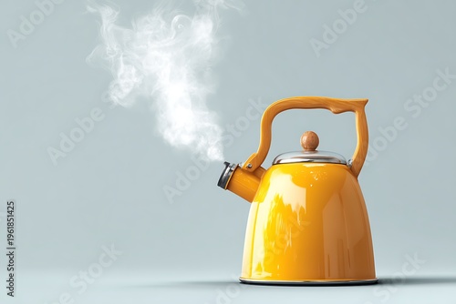 Yellow ceramic tea kettle with white steam isolated on white background, kitchenware clip art
