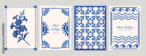 Indigo blue botanical Card Invitation, floral invite thank you, rsvp modern card Design in leaf and flower water color texture decorative Vector elegant rustic template
