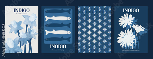 Indigo blue botanical Card Invitation, floral invite thank you, rsvp modern card Design in leaf and flower water color texture decorative Vector elegant rustic template