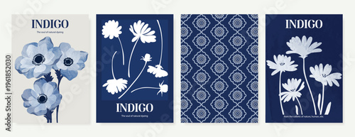 Indigo blue botanical Card Invitation, floral invite thank you, rsvp modern card Design in leaf and flower water color texture decorative Vector elegant rustic template